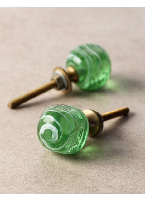 Antique Green Round Glass Drawer Cabinet Knob With White Swirl
