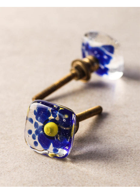 Clear Transparent Square Shaped Dresser Cabinet Knob With Blue Polka Dots