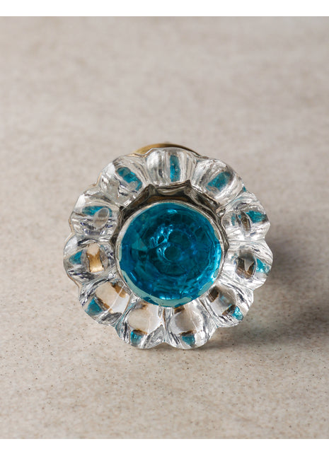 Turquoise And Transparent Daisy Flower Glass Cabinet Knob