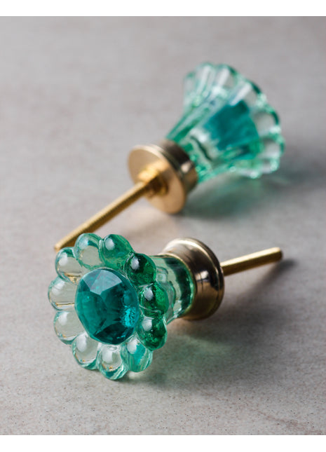 Crystalline Green Daisy Flower Glass Drawer Knob