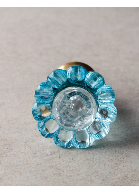 Light Blue Daisy Flower Glass Kitchen Cabinet Knob