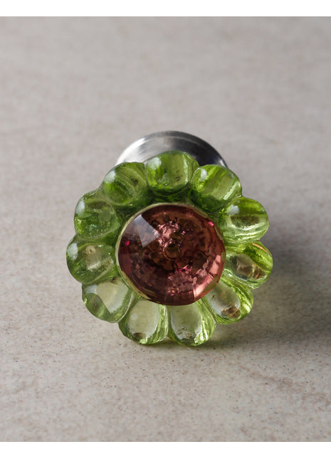 Pine Green Daisy Flower Glass Kitchen Cabinet Knob