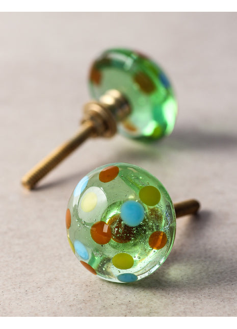 Green Round Glass Door Knob With Multicolor Polka-Dots