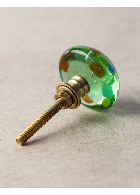 Green Round Glass Door Knob With Multicolor Polka-Dots