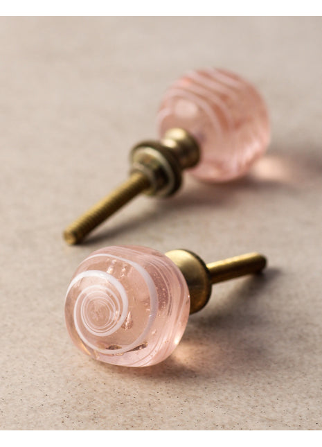Salmon Pink Clear Round Glass Drawer Cabinet Knob With White Swirl