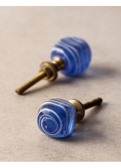 Designer Blue Glass Door Knob With White Swirl