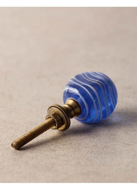 Designer Blue Glass Door Knob With White Swirl