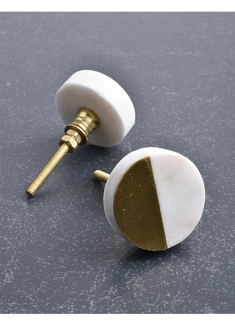 Round Shape White And Brass Stone Cabinet Knob
