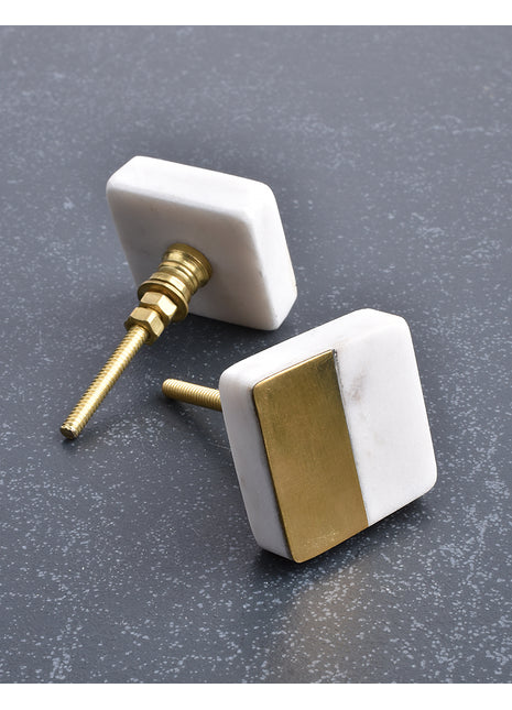 Square Shape White And Brass Stone Cabinet Knob