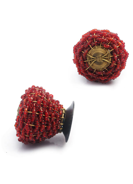 Red Glass Beads and Golden Metal Wire Weaved Cabinet Knob (Large) (Set of Ten)