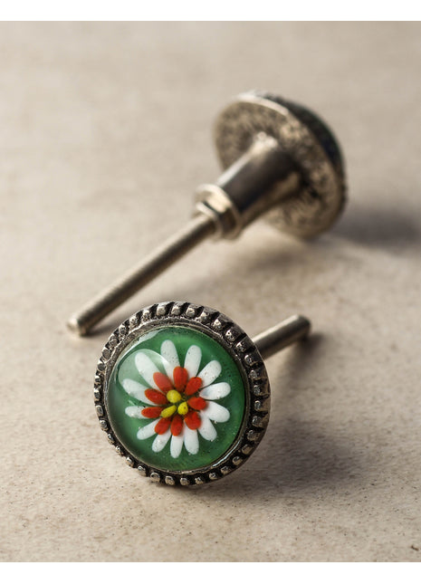 Green, White, Red and Yellow Flower Glass Knob on a Metal Base