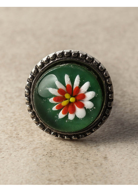 Green, White, Red and Yellow Flower Glass Knob on a Metal Base