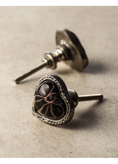 Brown Flower on a Black Heart Shaped Glass Knob on a Metal Base