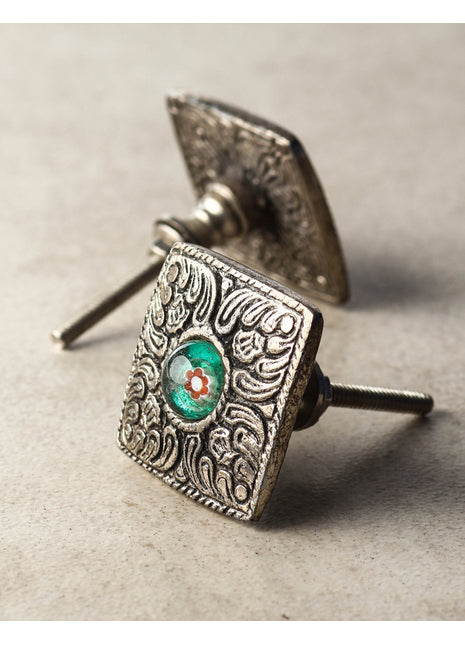 Square Metal knob with Glass Center