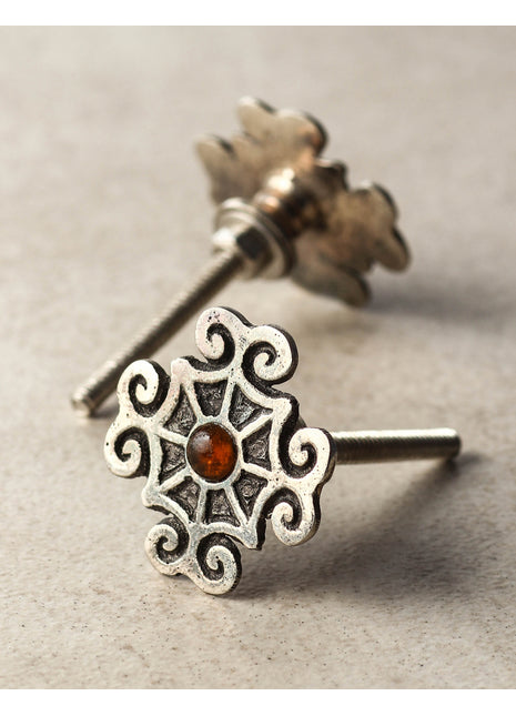 Metal Knob with Orange Glass Center