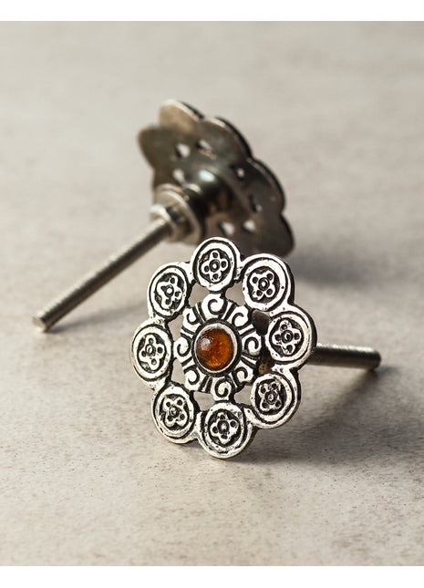 Round Metal Knob with Orange Glass Center 01