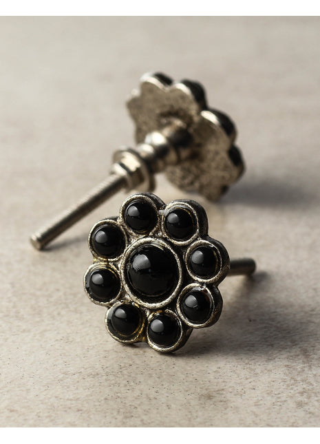 Nine Half Cut Black Beaded Bathroom Knob On Metal Base