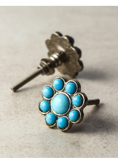 Nine Half Cut Turquoise Beaded Metal Base Bathroom Knob