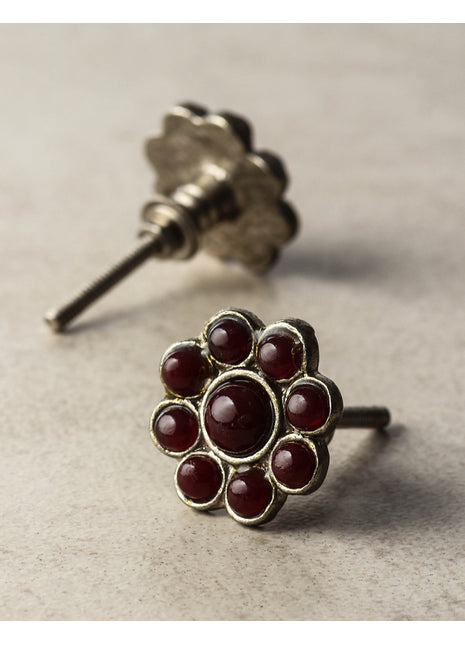 Nine Half Cut Maroon Beaded Drawer Cabinet Knob On Metal Base