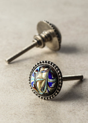 Golden, Turquoise and Dark Red Glass Knob on a Metal Base