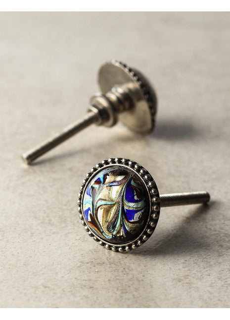 Golden, Turquoise and Dark Red Glass Knob on a Metal Base