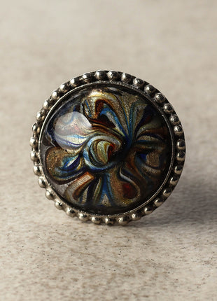 Golden, Turquoise and Dark Red Glass Knob on a Metal Base