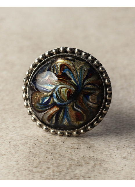 Golden, Turquoise and Dark Red Glass Knob on a Metal Base