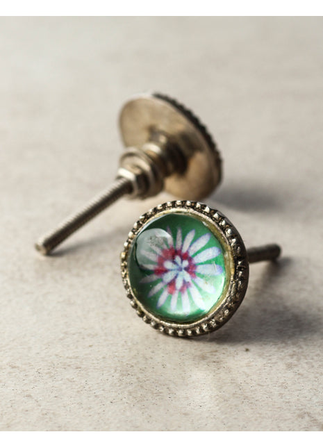 Light Turquoise, Pink, White, Green Glass Knob Metal Base Knob