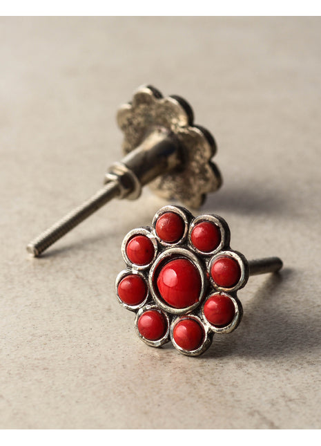 Nine Half Cut Red Beaded Dresser Cabinet Knob On Metal Base