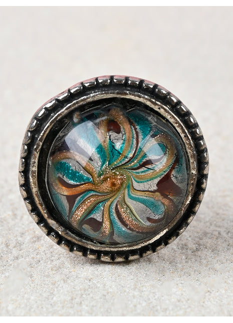 Golden, Turquoise and Dark Red Glass Knob on a Antique Silver Metal Base
