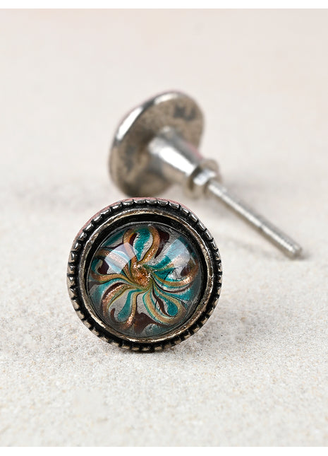 Golden, Turquoise and Dark Red Glass Knob on a Antique Silver Metal Base