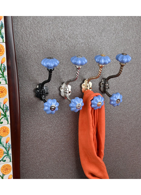 Beautiful Ceramic Blue Knob With Metal Wall Hanger