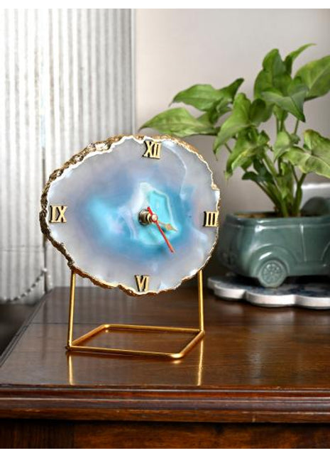 Natural Handmade Agate Stone Desk Clock with Metal Stand, Office Decor, Home Office Clock,Boho Decor,Rock Enthusiast Gift,Geologist Gift