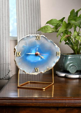 Natural Handmade Agate Stone Desk Clock with Metal Stand, Office Decor, Home Office Clock,Boho Decor,Rock Enthusiast Gift,Geologist Gift