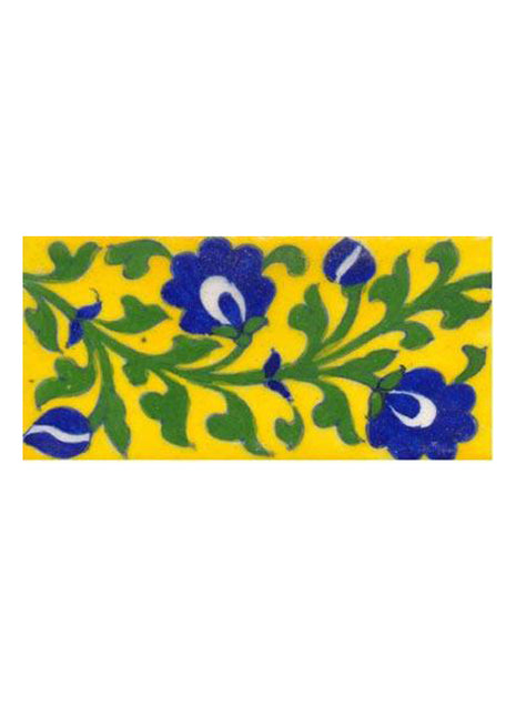 Blue flowers with green leaves on yellow tile (3x6-bpt01)