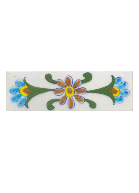 Turquoise,Yellow,Brown flower and Green leaf with White base Tile