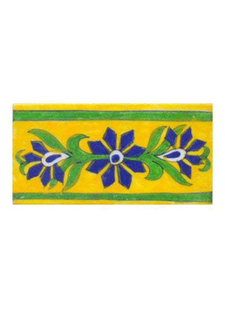 Blue flower with green leaves on two green line yellow tile (3x6-bpt03)