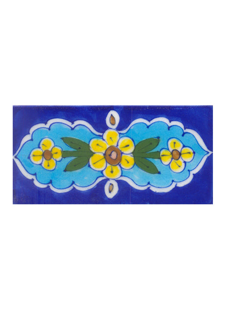 Yellow,Brown,Pink Flower and Green leaf with Blue Base Tile