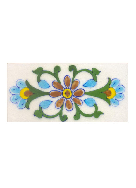 Turquoise,Yellow,Brown flower and Green leaf with White base Tile