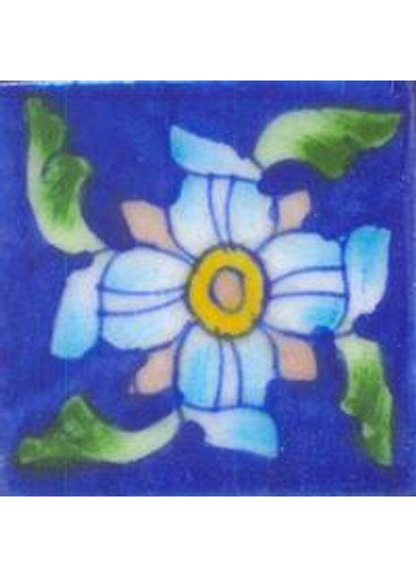 Blue Tile with turquoise, pink and green flower
