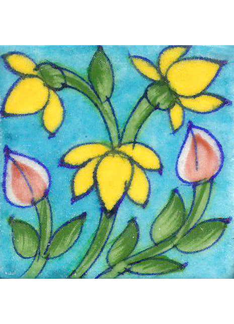 Yellow Flowers With Green Leaves On Turquoise Base Tile