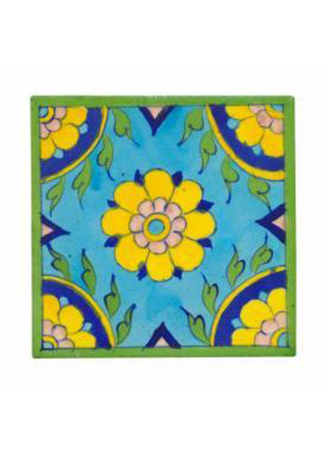 Yellow,pink flower and turqouise tile