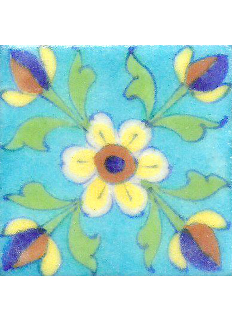 Yellow Flowers With Green Leaves On Turquoise Base Tile