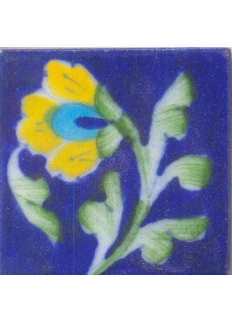 Yellow, turquoise flower with green floral on blue tile