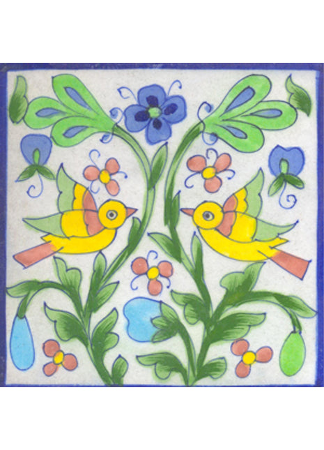 Yellow,lime green and brown Bird and white tile