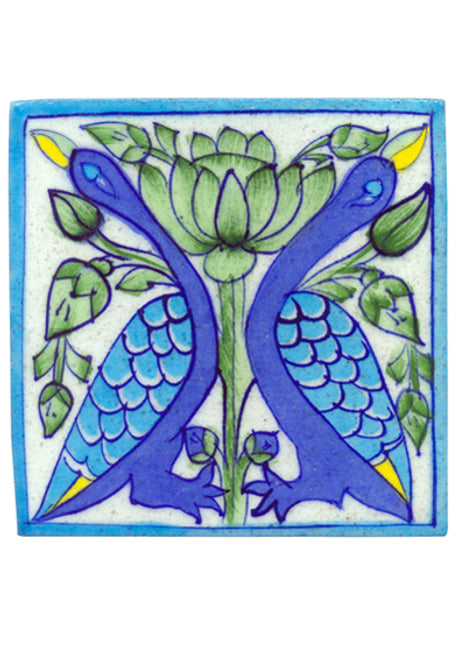 Turqouise and blue two peacock and lime green leaves with white tile