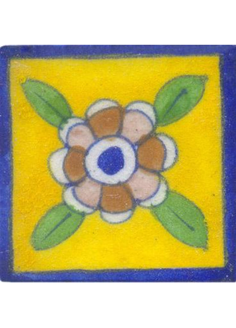 Brown & Pink flower with green leaves on yellow Azulejos