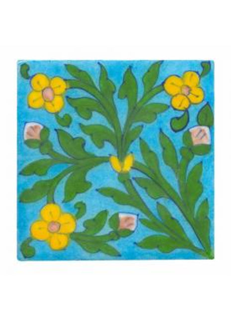 Turquoise tile small yellow flowers and big green leaves (4x4)