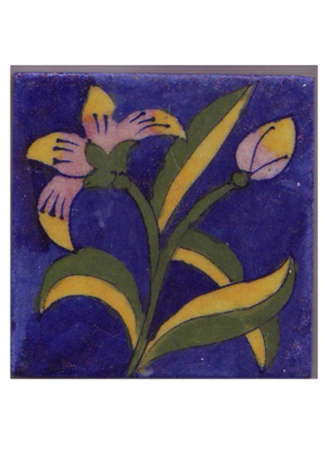 Pink and yellow flower and leaves with blue tile