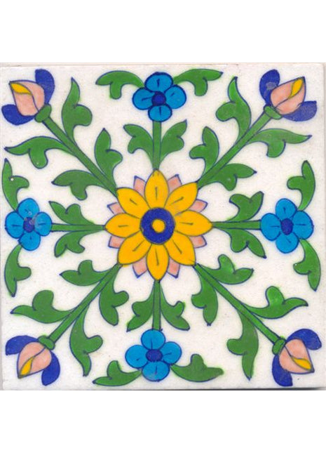 Yellow flower and green leaves with white tile